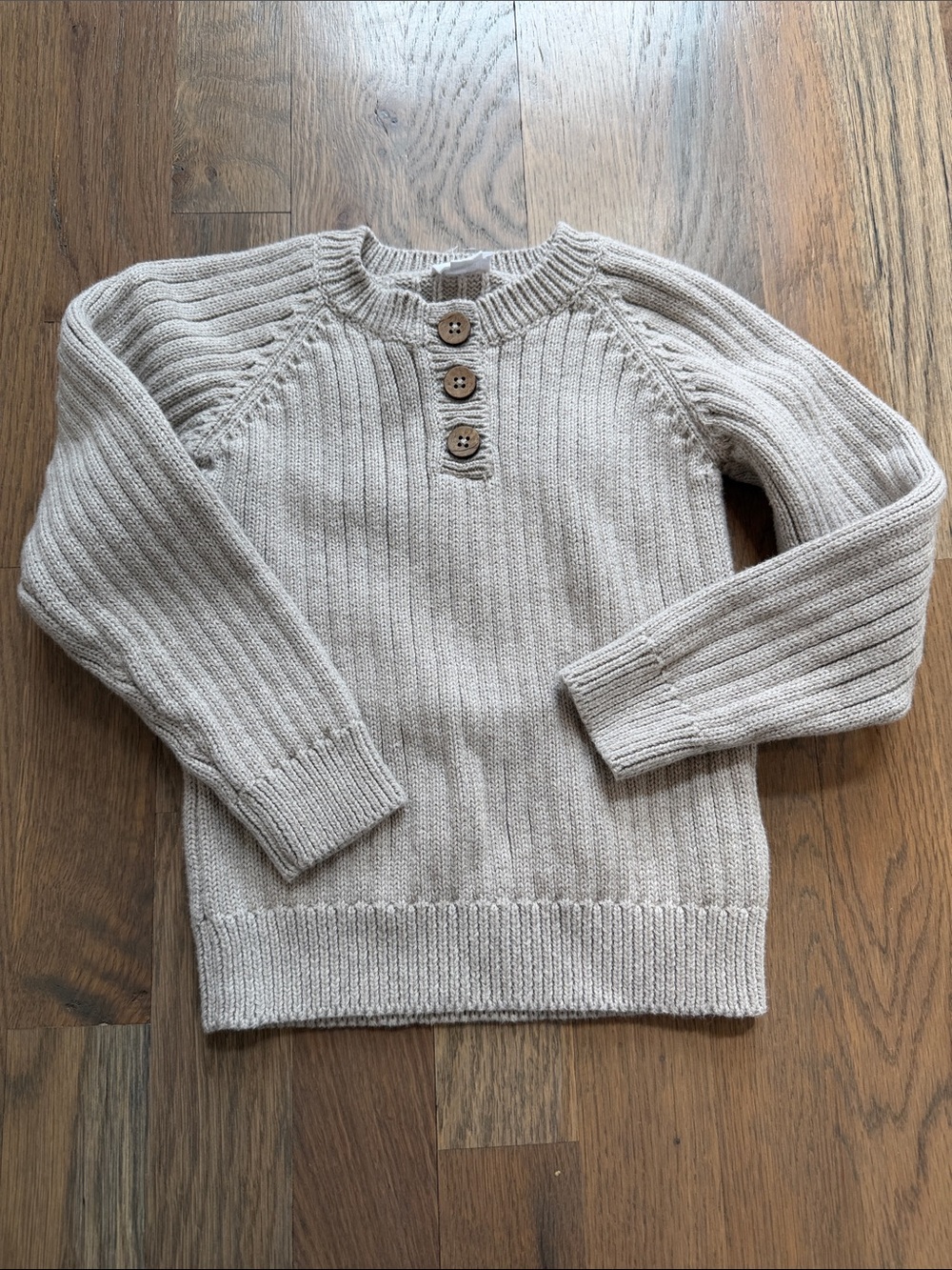 Jamie Kay Beige Ribbed Crewneck Sweater with Button Placket